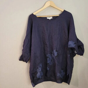Lin Pour L'autre Women's Blouse Top Size 50 Blue 100% Linen Floral Roll Sleeves